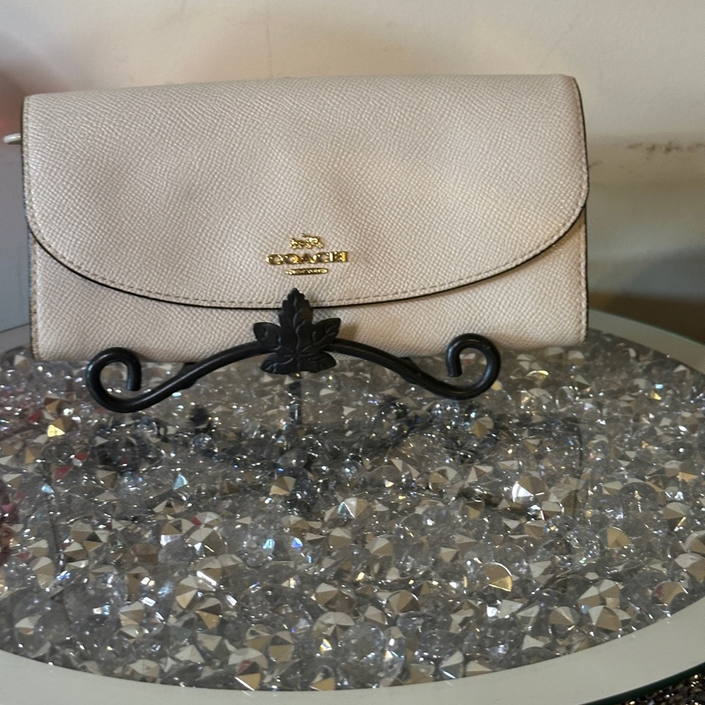 Coach Cream Saffiano Leather Continental Wallet with Gold Logo